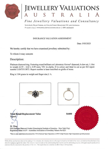 IGI Certified, D Colour, 1.10 Carat Diamond & Platinum Engagement Ring – Save $2000!