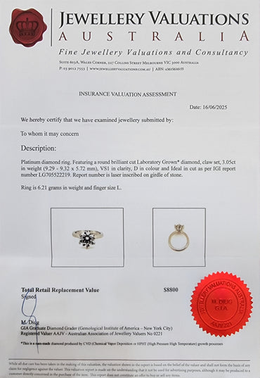 “D” Colour, 3.05 Carat Round Cut Cut Diamond Engagement Ring – Platinum Size “L”