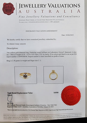 “D” Colour, 1.06 Carat Round Cut Cut Diamond Engagement Ring – 14K YG Size “L1/2”