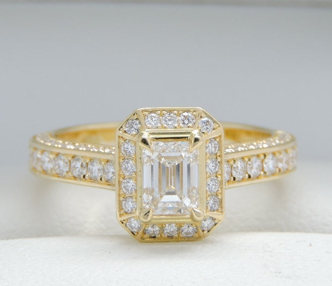 Beautiful Emerald Cut Diamond Halo Ring - GIA Certified