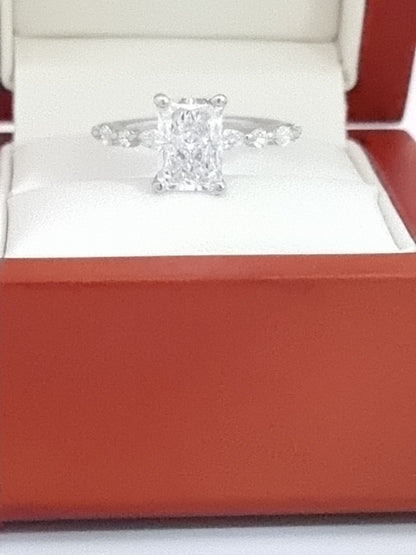 Breathtaking 18K, Radiant Cut LG Diamond Engagement Ring with Fancy Accents