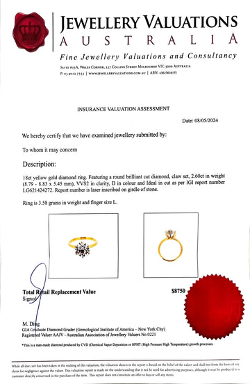 $8.75K Value - IGI Certified, 2.60 Carat D/VVS2, Round Cut LG Diamond Engagement Ring!