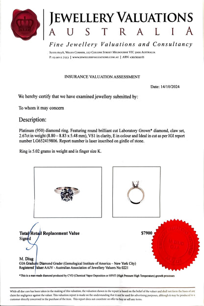 Stunning IGI, 2.67 Carat, E/VS1, 'IDEAL' Cut Diamond & Platinum Engagement Ring.