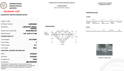IGI, E Colour & VS1 Clarity, 2.24 Carat Round Cut Diamond Engagement Ring! Lab Grown!