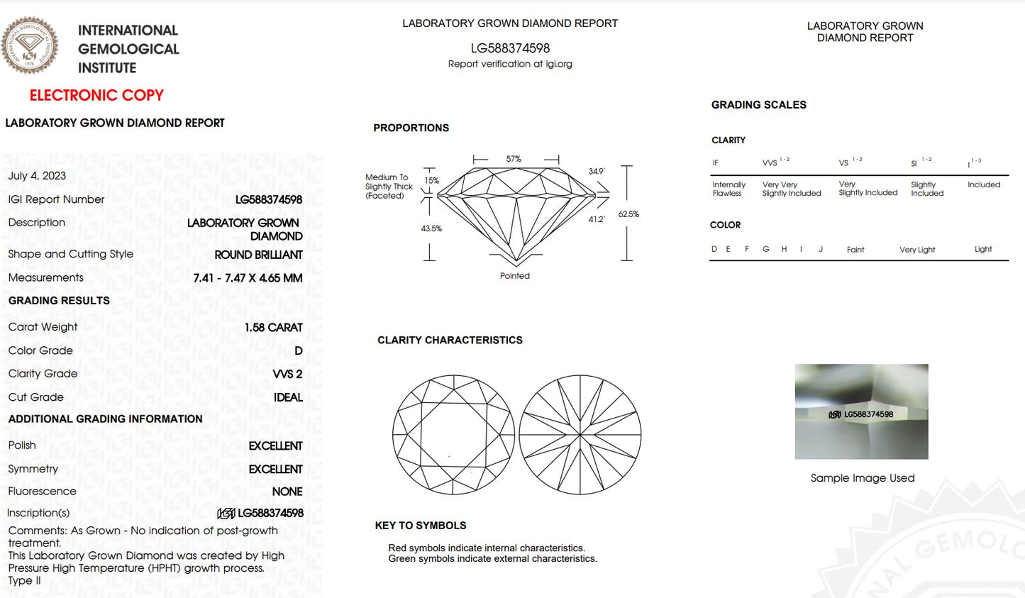 IGI, D/VVS2, 1.58 Carat Round Cut Diamond & Platinum Engagement Ring! Lab Grown!