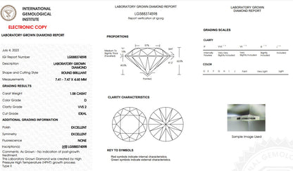 IGI, D/VVS2, 1.58 Carat Round Cut Diamond & Platinum Engagement Ring! Lab Grown!