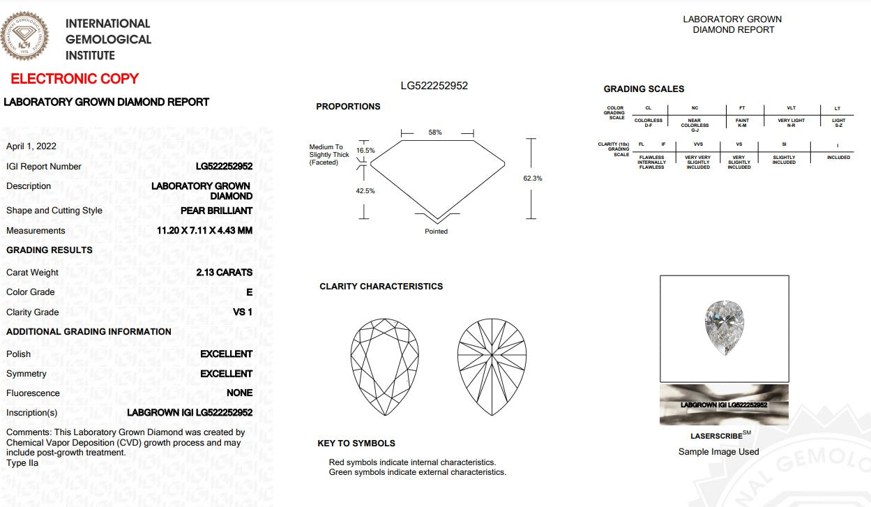 IGI Certified 2.13 Carat, E/VS1, Pear Cut Diamond Engagement Ring! Lab Grown!