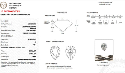 IGI Certified 2.13 Carat, E/VS1, Pear Cut Diamond Engagement Ring! Lab Grown!