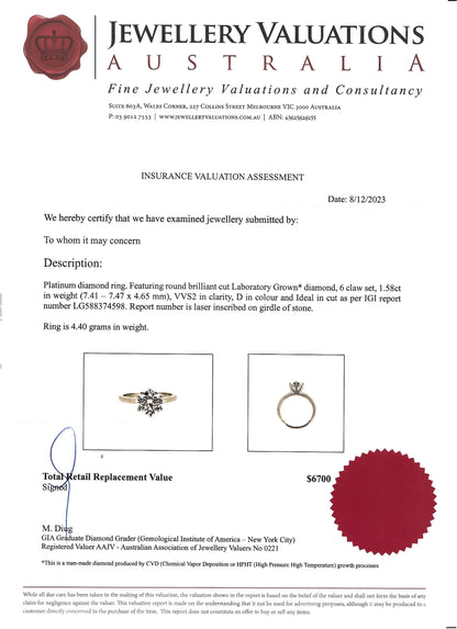 IGI, D/VVS2, 1.58 Carat Round Cut Diamond & Platinum Engagement Ring! Lab Grown!