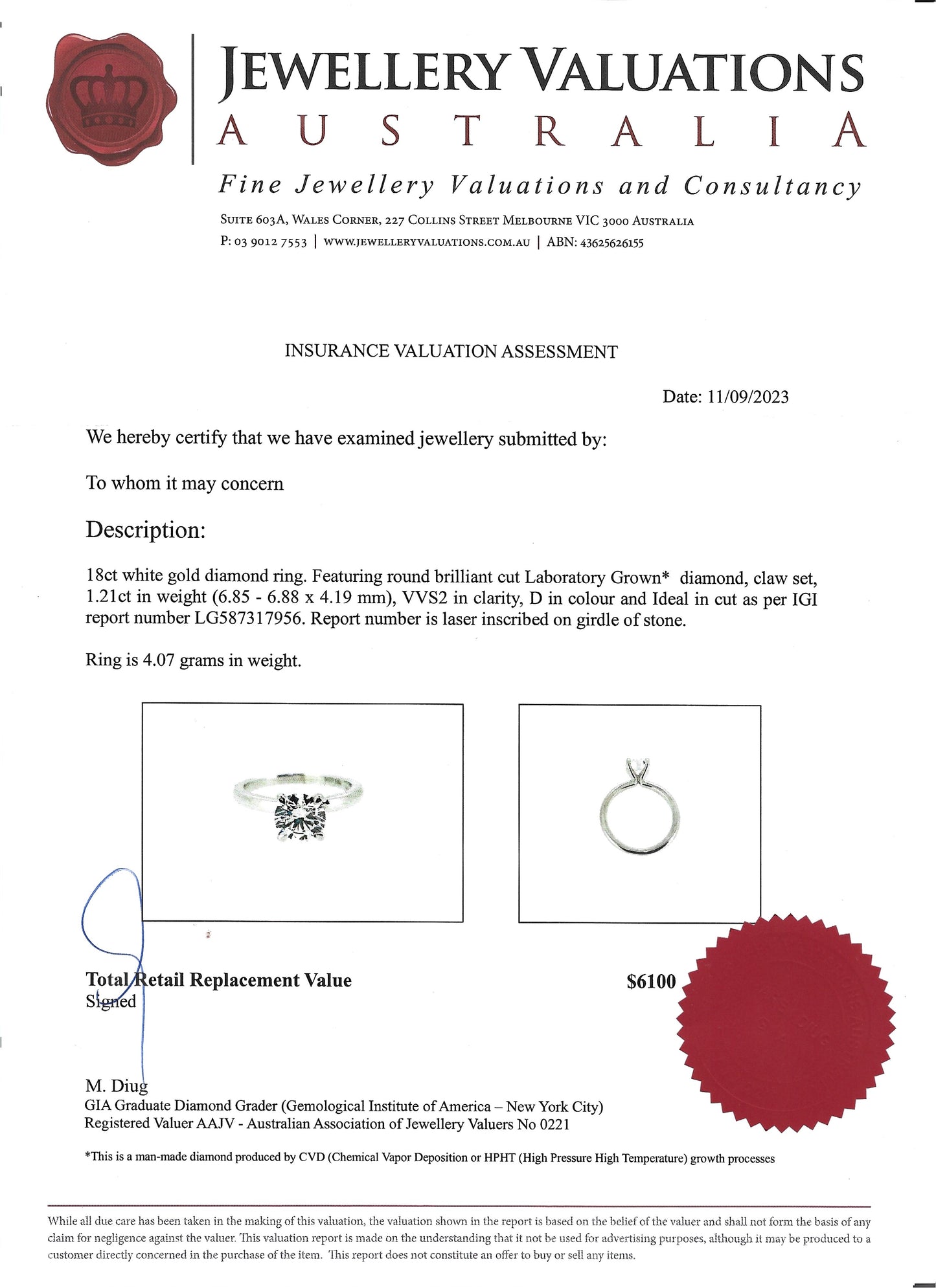 D/VVS2, 1.21 Carat Diamond Engagement Ring! Lab Grown!