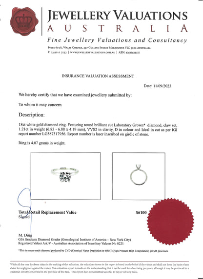 D/VVS2, 1.21 Carat Diamond Engagement Ring! Lab Grown!