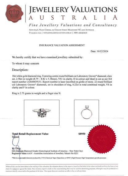 D Colour, 2.80 Carat, Round Cut LG Diamond & 18K WG Engagement Ring