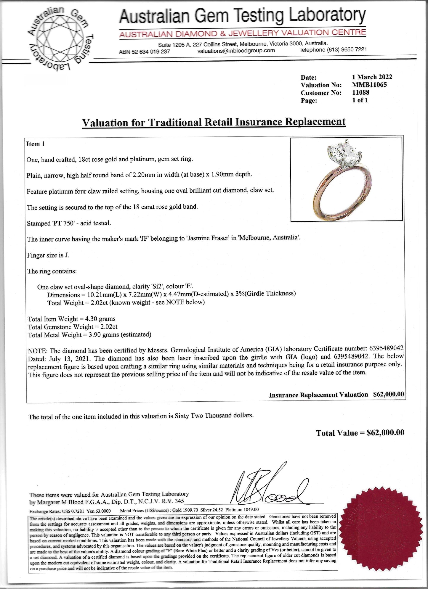 $50K+ Value! GIA Certified - 100% NATURAL 2.02 Carat Oval Cut Diamond Ring. E Colour!