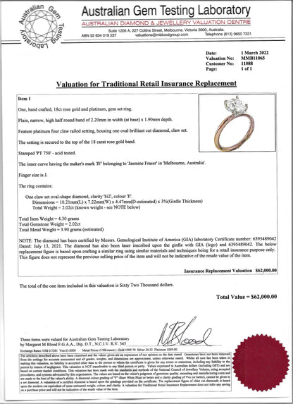 $50K+ Value! GIA Certified - 100% NATURAL 2.02 Carat Oval Cut Diamond Ring. E Colour!