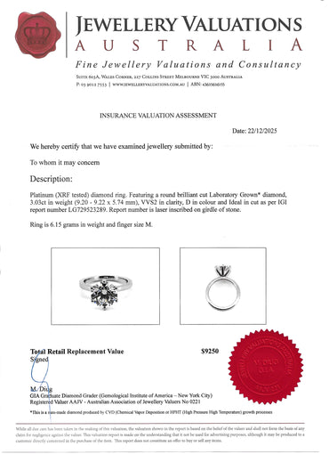 Save OVER 50%. BIG 3.03 Ct, D Colour, VVS2, LG Diamond in Solid Platinum Setting! “M”