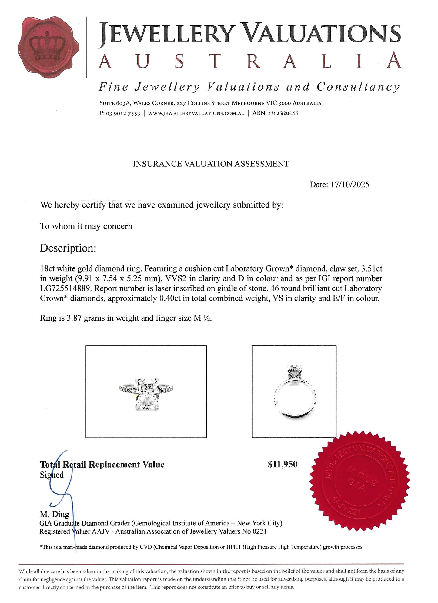 $12K Value – BIG, 3.51 Ct, D Colour Cushion Cut LG Diamond Engagement Ring