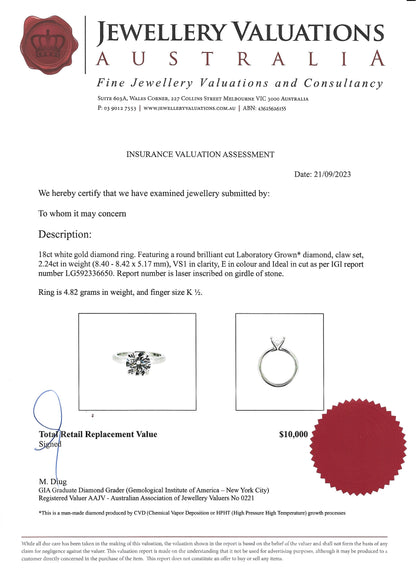 IGI, E Colour & VS1 Clarity, 2.24 Carat Round Cut Diamond Engagement Ring! Lab Grown!