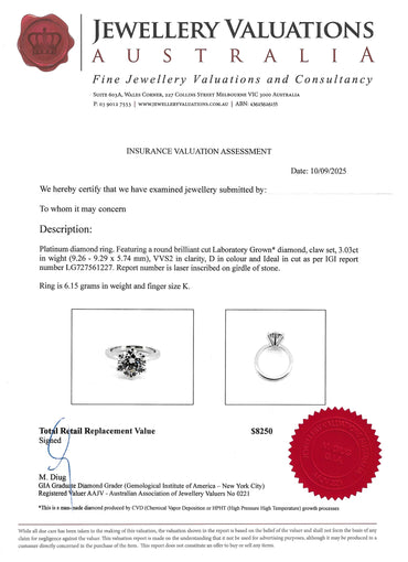 Platinum & 3.03 Carat D Colour, LG Diamond Engagement Ring. Ideal Cut!