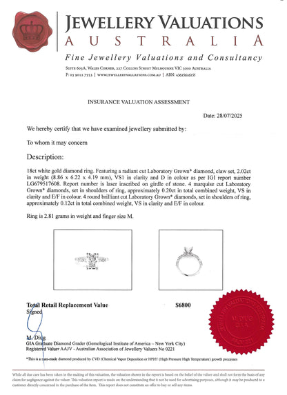 Breathtaking 18K, Radiant Cut LG Diamond Engagement Ring with Fancy Accents