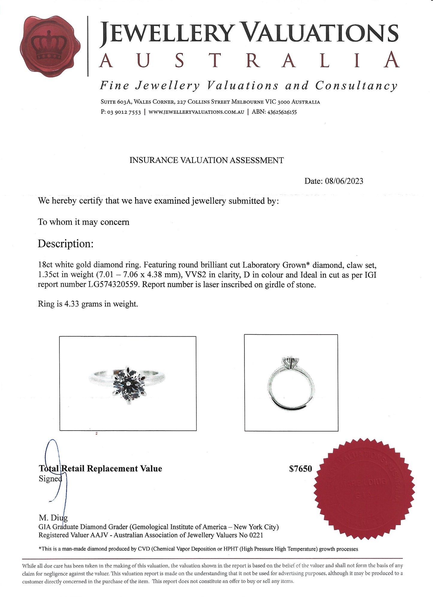 D/VVS2, 1.35 Carat Diamond Engagement Ring! Lab Grown!