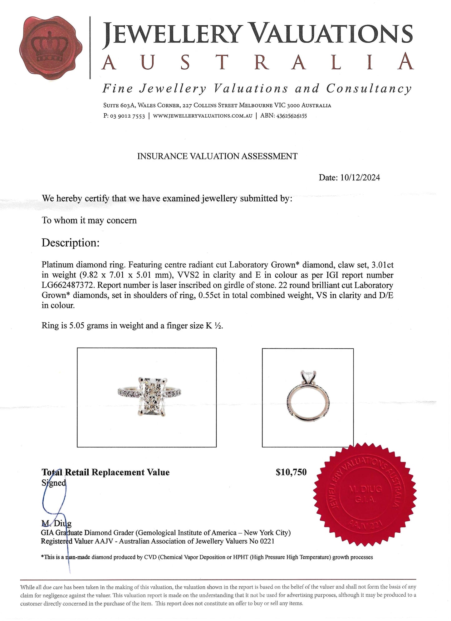 Stunning 3.56 Carat, Radiant Cut LG Diamond & Platinum Engagement Ring