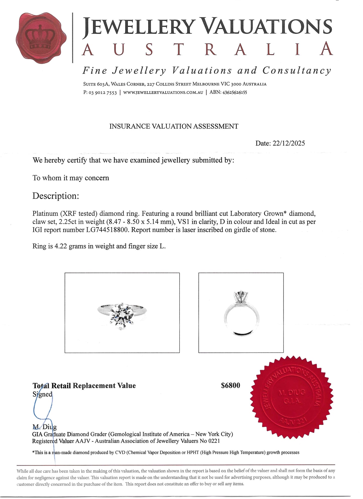 $6800 VAL: 2.25 Ct, D Colour, VS1 Clarity, LG Round Cut Diamond in Solid Platinum Setting!