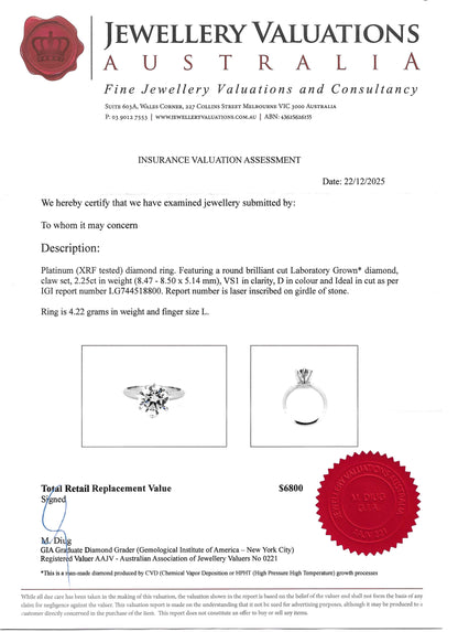 $6800 VAL: 2.25 Ct, D Colour, VS1 Clarity, LG Round Cut Diamond in Solid Platinum Setting!