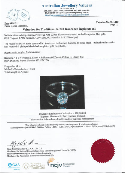 Near 1 Carat Oval Cut Diamond Engagement Ring! D Colour & $18K Value!