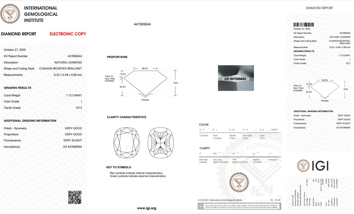 1.12 Carat Cushion Cut Diamond Engagement Ring - IGI Certificate | Hogan Diamonds