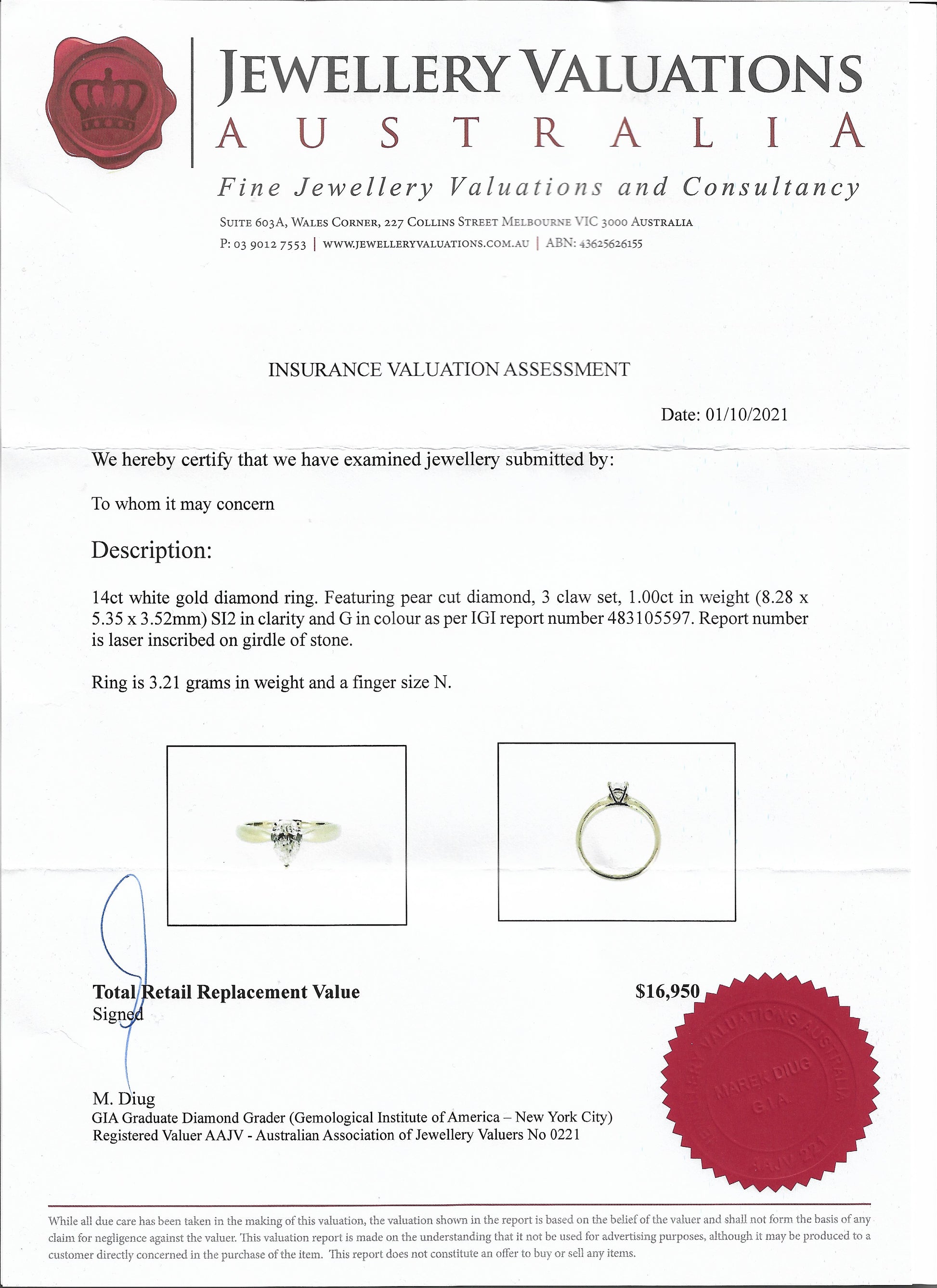 1.00 Carat Pear Cut Diamond Engagement Ring - Certification | Hogan Diamonds