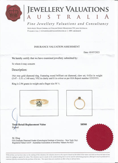 GIA Round Cut Diamond Engagement Ring. Stunning Rose Gold Setting! NEW!